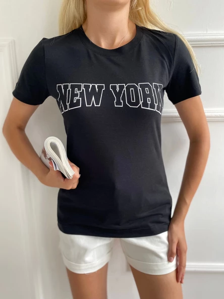 Kadın Basic Tişört New York Baskılı Siyah - Resim 2