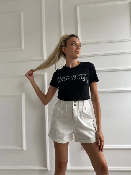 Kadın Basic Tişört New York Baskılı Siyah - Resim 5