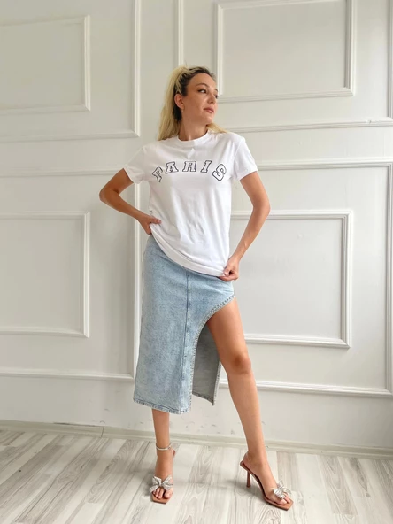 Kadın Basic Tişört Paris Baskılı Beyaz