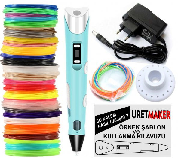 MAVİ Renk 3D Pen Kalem Yazıcı ve 30 metre PLA Filament (10 renk x 3 metre)