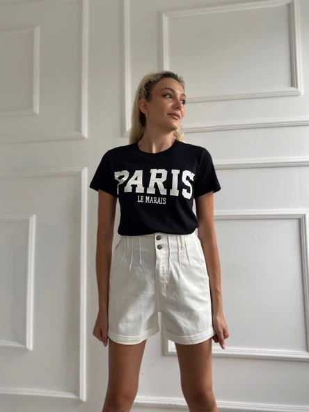 Kadın Basic Tişört Paris Le Maraıs Baskılı Siyah - Resim 3