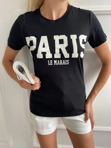 Kadın Basic Tişört Paris Le Maraıs Baskılı Siyah - Resim 2