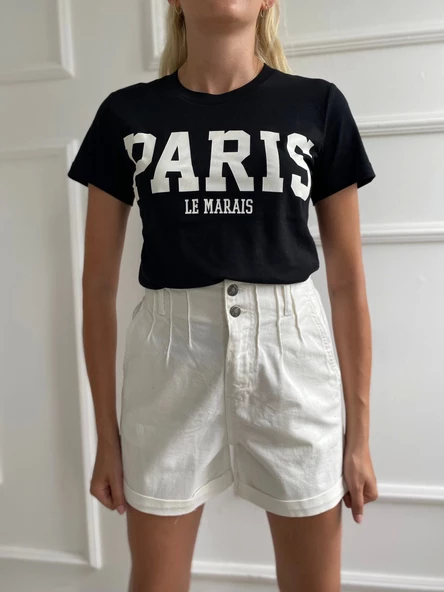 Kadın Basic Tişört Paris Le Maraıs Baskılı Siyah - Resim 5