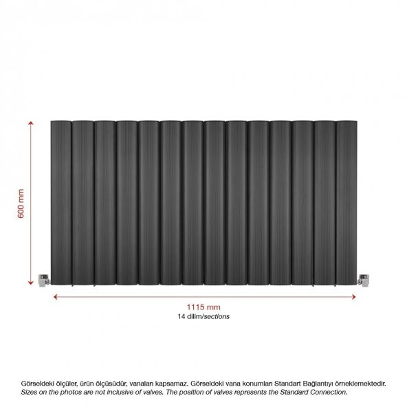 600X1115mm Amber Yatay Antrasit Alüminyum Radyatör Standart Bağlantı - Resim 2