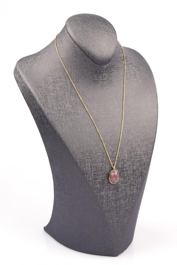 Çilek Kuvars Doğal Taş Gold Renkli Kolye - Resim 2