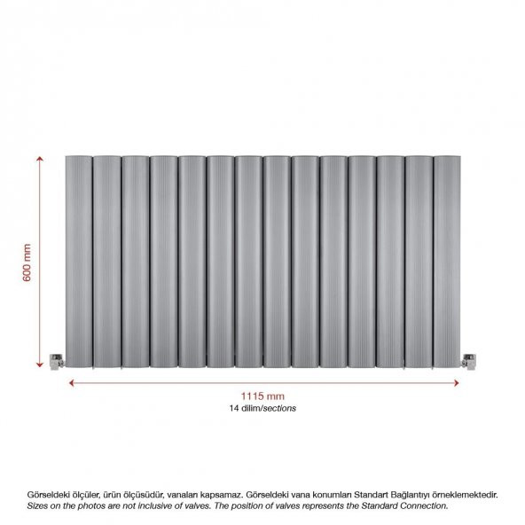 600X1115mm Amber Yatay Gümüş Gri Alüminyum Radyatör Standart Bağlantı - 2