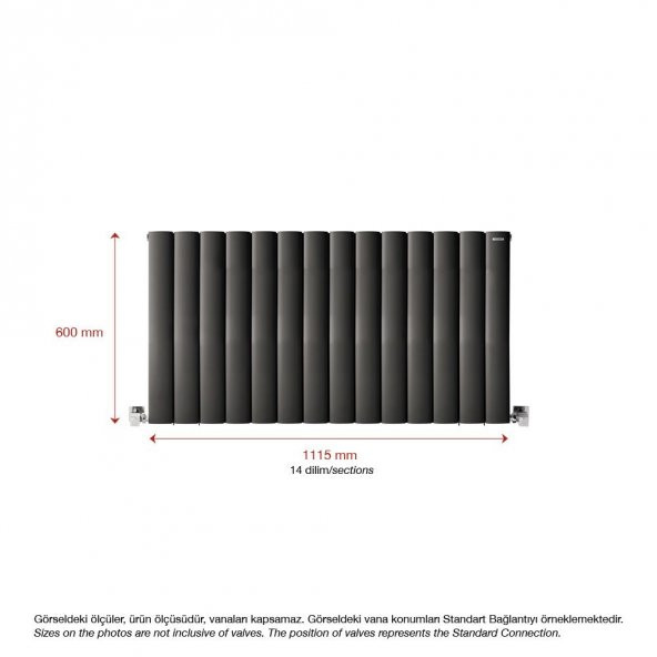 600X1115mm Lilac Yatay Antrasit Alüminyum Radyatör Standart Bağlantı - Resim 2