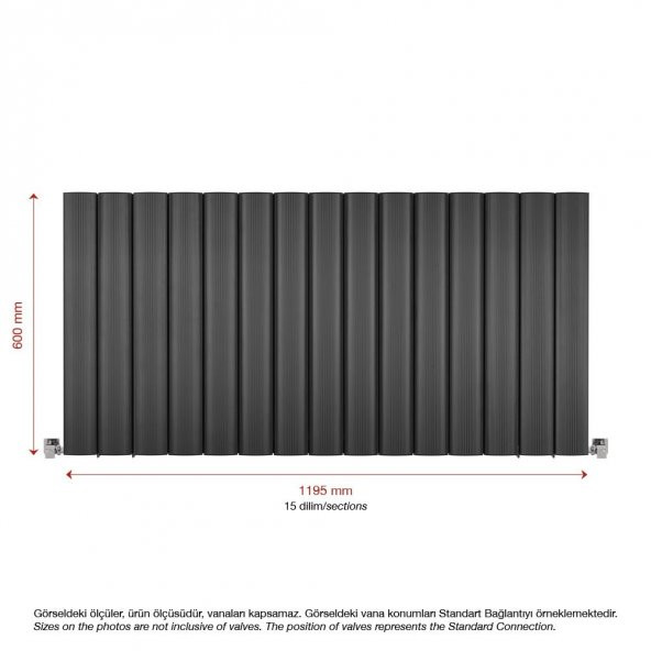 600X1195mm Amber Yatay Antrasit Alüminyum Radyatör Standart Bağlantı - 2