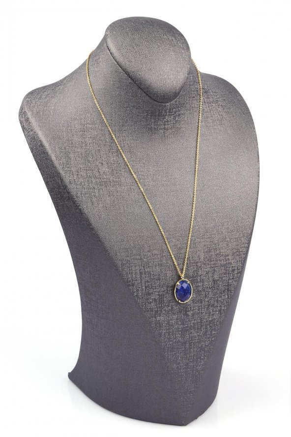 Lapis Lazuli Doğal Taş Gold Renkli Kolye - 2