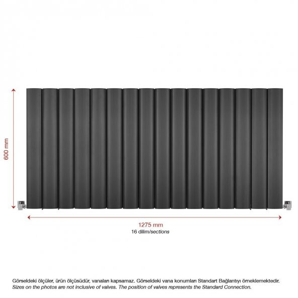 600X1275mm Amber Yatay Antrasit Alüminyum Radyatör Standart Bağlantı - 2