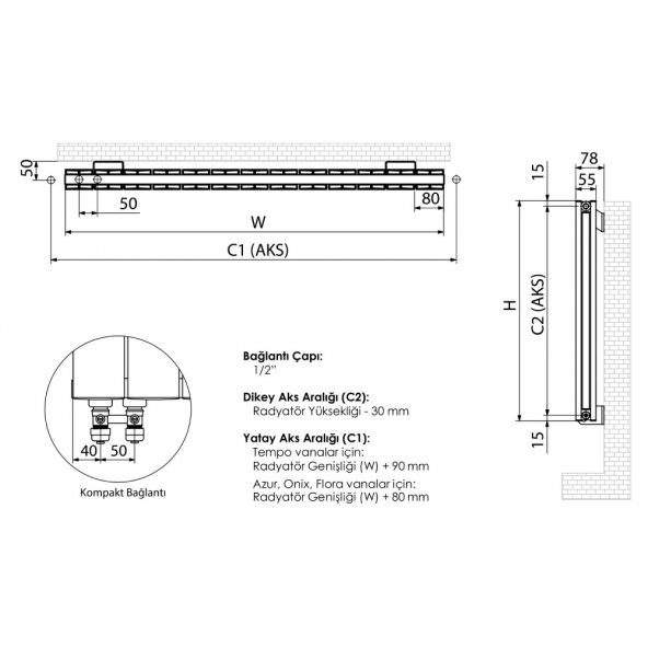 600X1275mm Amber Yatay Beyaz Alüminyum Radyatör Standart Bağlantı - Resim 5