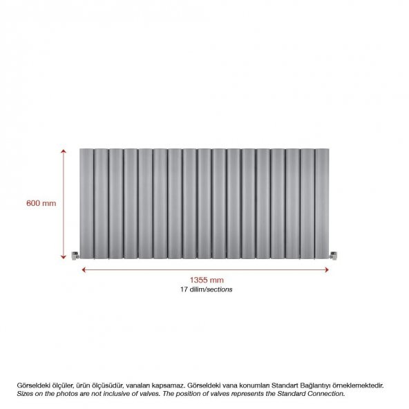 600X1355mm Amber Yatay Gümüş Gri Alüminyum Radyatör Standart Bağlantı - 2