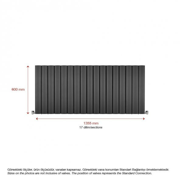 600X1355mm Amber Yatay Antrasit Alüminyum Radyatör Standart Bağlantı - 2