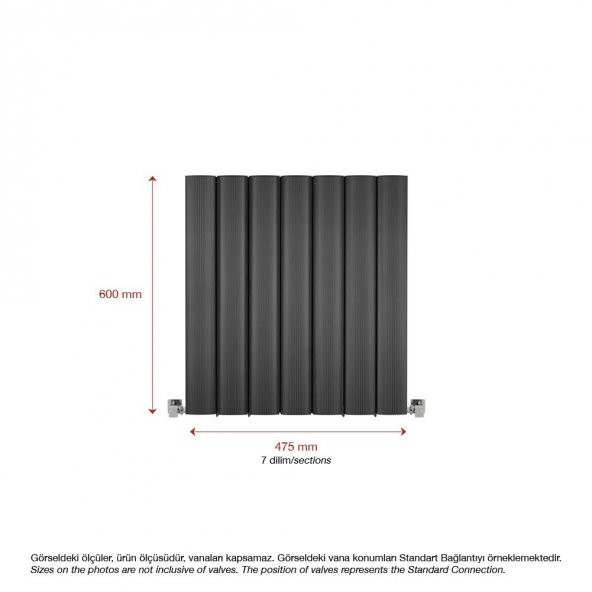 600X475mm Amber Yatay Antrasit Alüminyum Radyatör Standart Bağlantı - 2