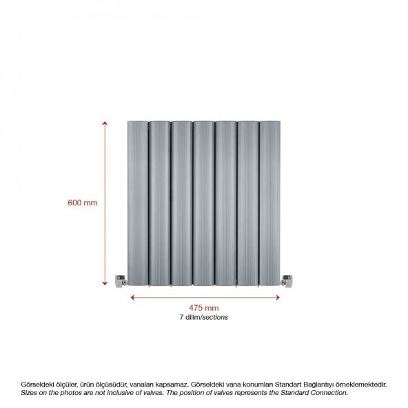 600X475mm Amber Yatay Gümüş Gri Alüminyum Radyatör Standart Bağlantı - Resim 2