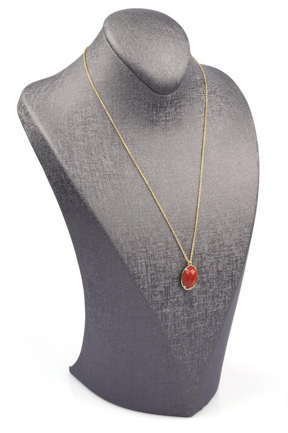 Red Jasper Doğal Taş Gold Renkli Kolye - 2