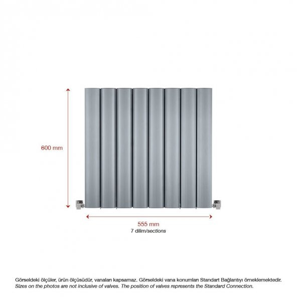600X555mm Amber Yatay Gümüş Gri Alüminyum Radyatör Standart Bağlantı - Resim 2