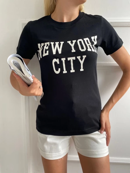 Kadın Basic Tişört Newyork City Baskılı Siyah