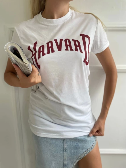 Kadın Basic Tişört Harvard Baskılı Beyaz - Resim 3