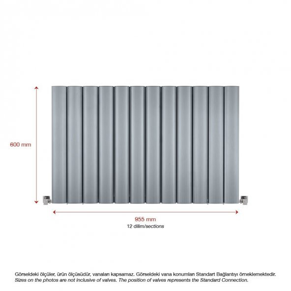 600X955mm Amber Yatay Gümüş Gri Alüminyum Radyatör Standart Bağlantı - Resim 2