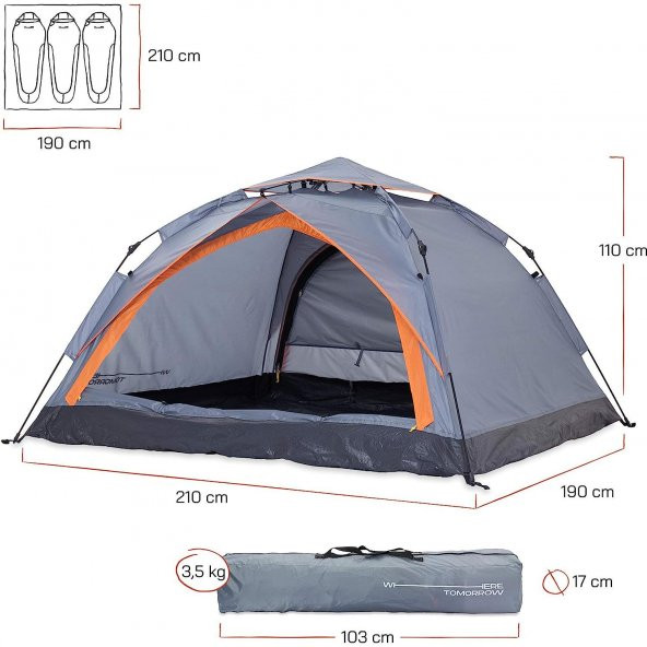 Where Tomorrow Doppel Otomatik Çadır-GRİ - Resim 3