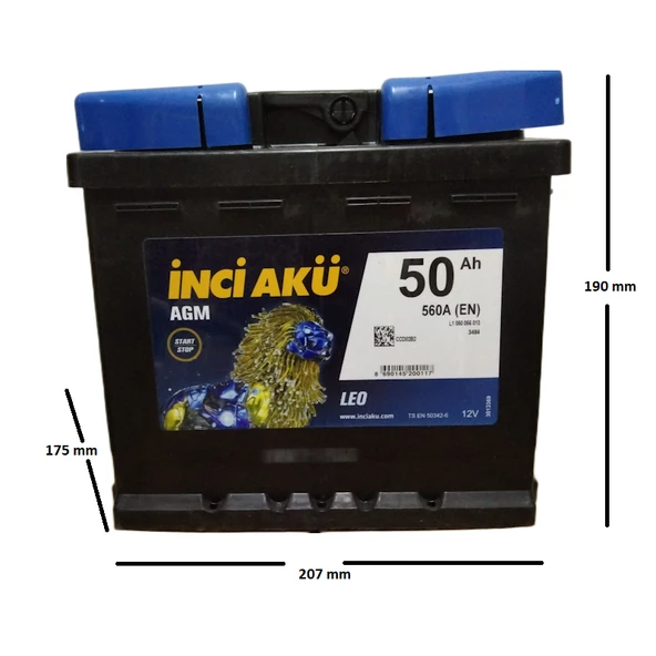 İnci Agm Leo 12 V 50 Ah 560 A(EN) Start-Stop Akü