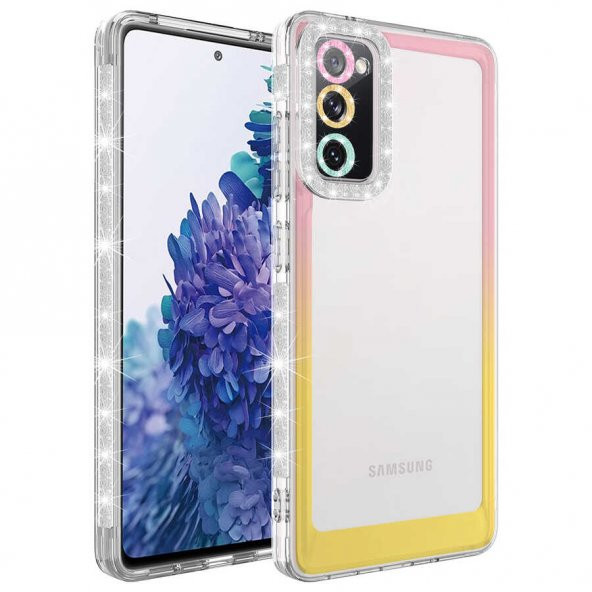 Samsung Galaxy S20 FE Uyumlu Kılıf Ceptecom Simli ve Renk Geçiş Tasarımlı Lens Korumalı Park Kapak