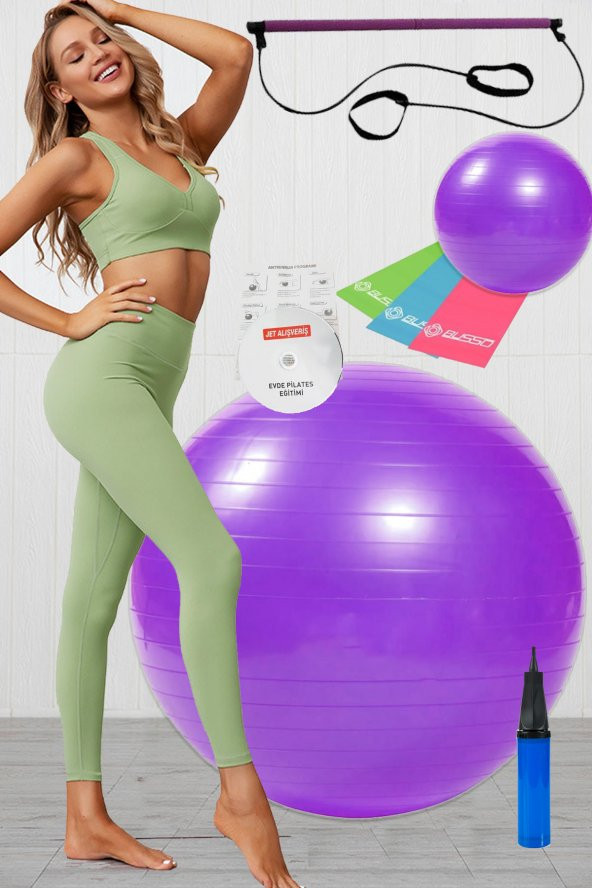 9 Lu Pilates Seti Plates Takımı Pilates Topu Studio Pilates Barı 3Lü Direnç Bandı Lastiği Mor - 1
