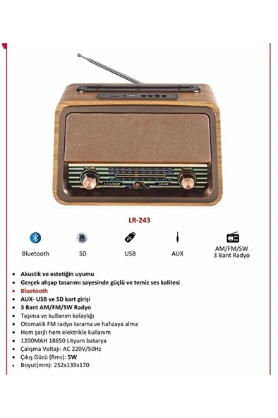 Taşınabilir Retro Müzik Kutusu Bluetooht Usb Nostaljik Radyo Lr - 243 - Resim 2