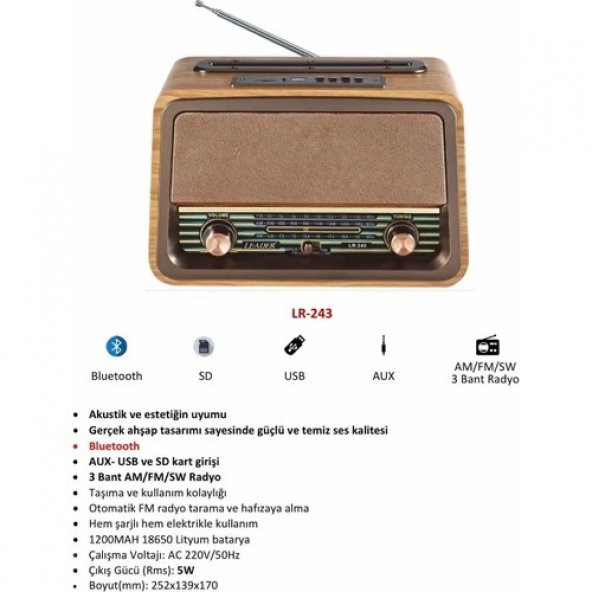 Leader LR-243 Radio,bt,usb,tf Retro Müzik Kutusu - 2