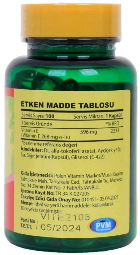 Vitapol E Vitamini 400 IU 268 Mg 100 Kapsül - Resim 2