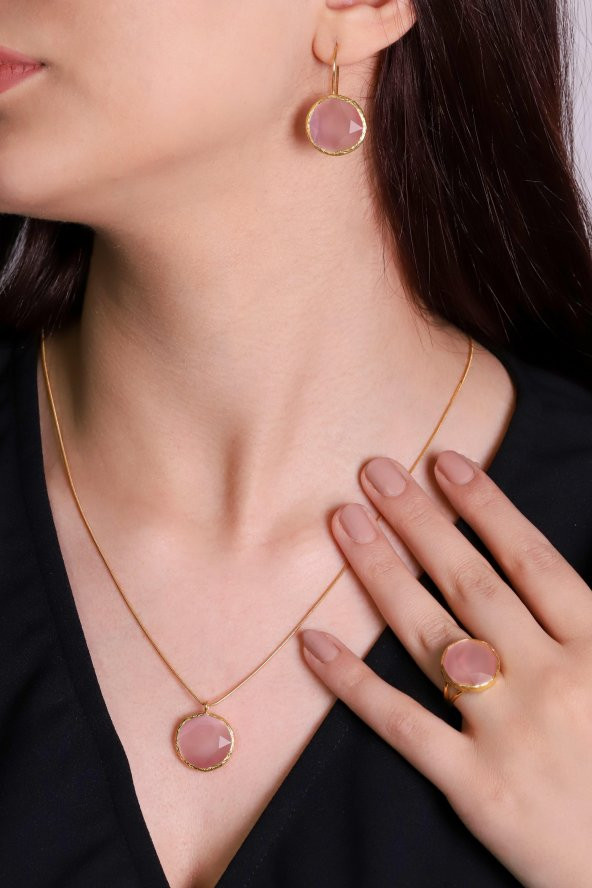 Güneş Taşı Serisi Yuvarlak Pembe Renkli Kadın Otantik Gümüş Üçlü Takı Seti