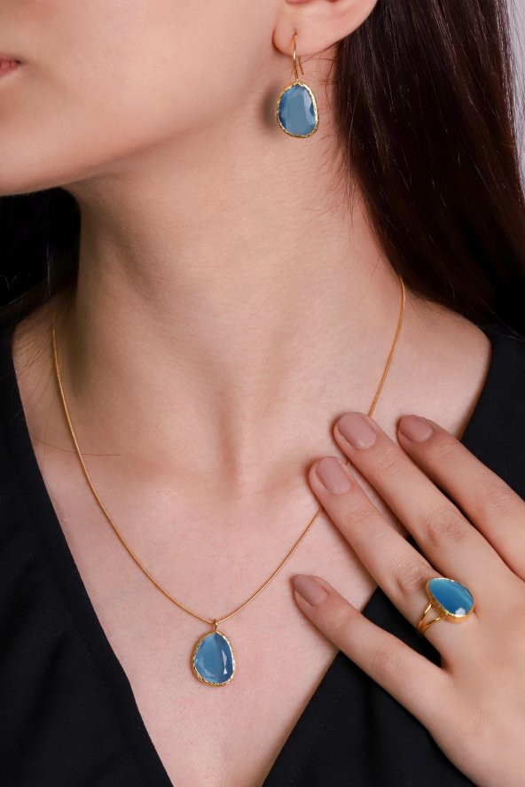 Güneş Taşı Serisi Fasulye Kesim Mavi Renkli Kadın Üçlü Otantik Gümüş Takı Seti - 2