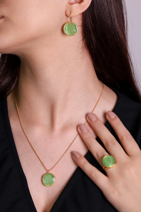 Güneş Taşı Serisi Yuvarlak Yeşil Renkli Kadın Otantik Gümüş Üçlü Takı Seti - 2