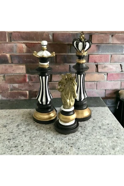 Siyah Beyaz Çizgili Gold 3lü Satranç Biblo