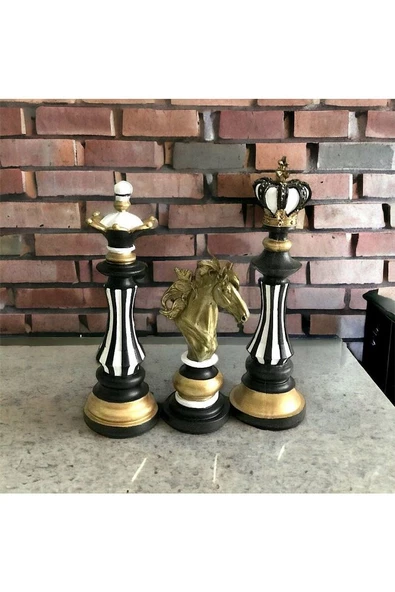 Siyah Beyaz Çizgili Gold 3lü Satranç Biblo - 2