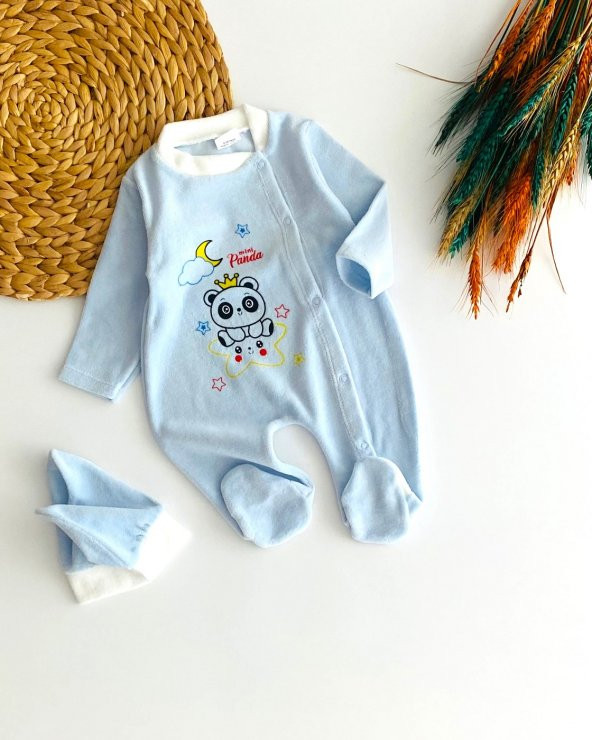 Neşeli Bebekler Panda Desenli Bereli Yeni Doğan Kadife Tulum Mavi
