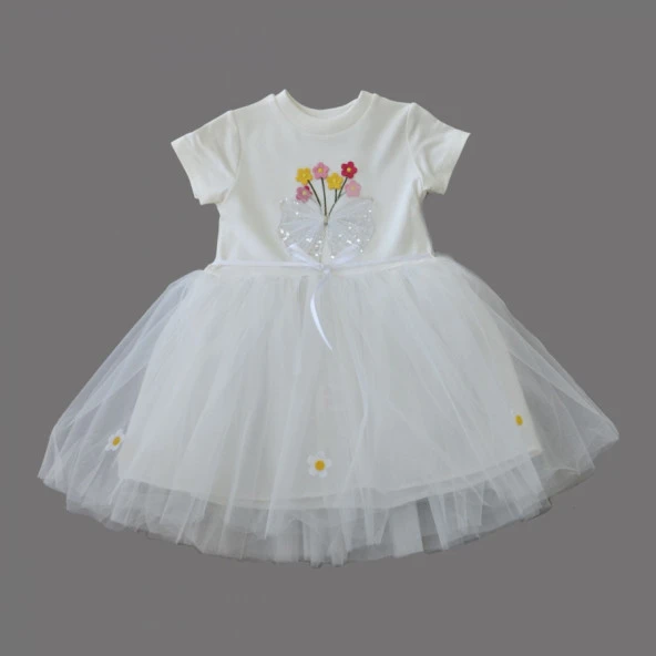 Tül Fiyonk Çiçekler Nakışlı Astarlı Kız Bebek Tütü Elbisesi