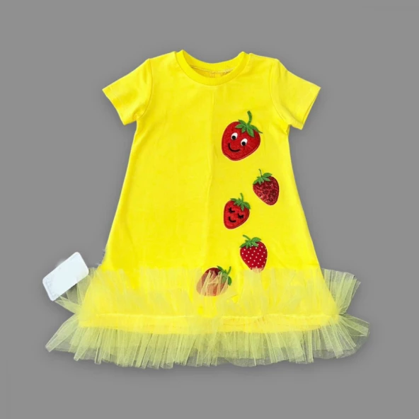Payetli Çilekler Nakışlı Eteği Fırfırlı Jile Kız Çocuk Elbisesi