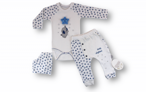 Kutup Yıldızı Nakışlı Bandajlı Uzun Kollu Zıbınlı 3lü Erkek Bebek Takımı