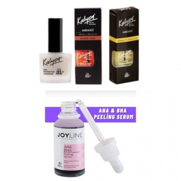 Kalyon Tırnak Sertleştrici+Tırnak Bakım Yağı+Tırnak Eti Temizleyici 3'lü Set+joy line Kırmızı Peeling Serumu 30ml Aha %30 Bha %2