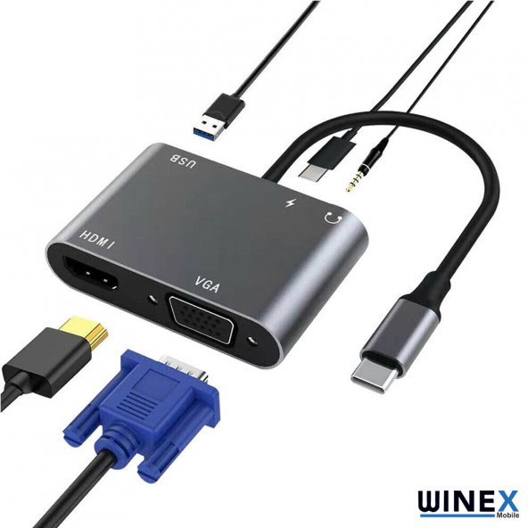 Global 5in1 Type-C Hub Port Adaptör HDMI VGA USB AUX 100W PD Girişli WNE0061 - 2