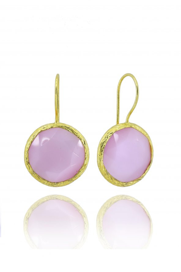 Güneş Taşı Serisi Kedi Gözü Yuvarlak Pembe 22 Ayar Gold Altın Sarı Kaplama Kadın Küpe