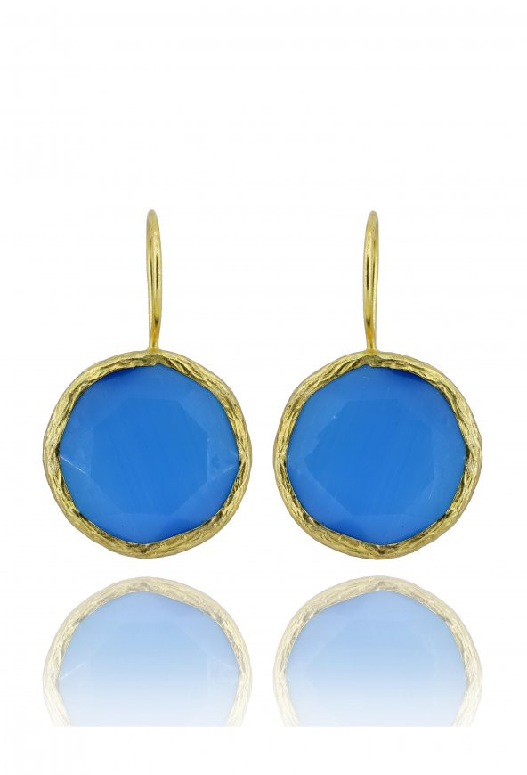 Güneş Taşı Kedi Gözü Yuvarlak Mavi 22 Ayar Gold Altın Sarı Kaplama Kadın Küpe