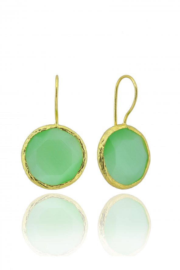 Güneş Taşı Kedi Gözü Yuvarlak Yeşil 22 Ayar Gold Altın Sarı Kaplama Kadın Küpe