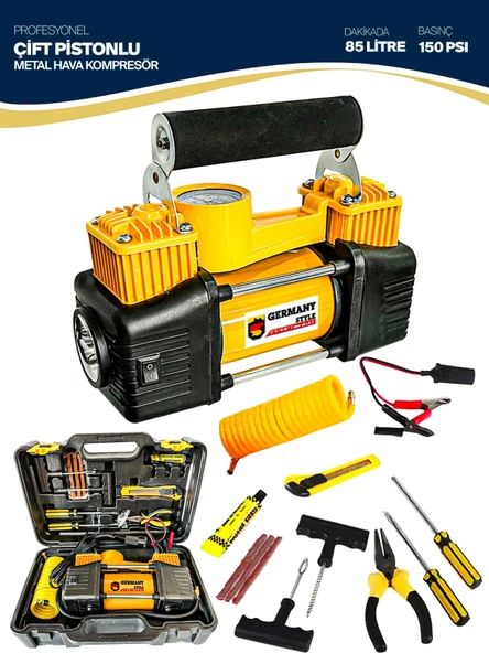 Germany Style Çift Pistonlu 12 V 150 Psi 85 Lt Araç Araba Lastik Bot Şişirme Kompresörü Lastik Tamir Kiti Hediye - 5