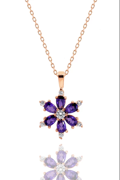 Kamelya Serisi Mor Ametist Taşlı Kar Tanesi Kolye 925 Ayar Gümüş Zincirli Kolye - Resim 3