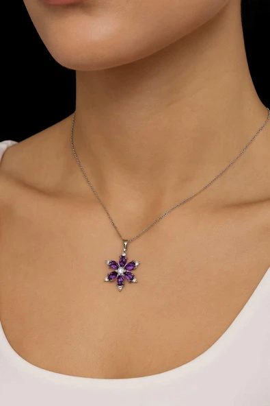 Kamelya Serisi Mor Ametist Taşlı Kar Tanesi Kolye 925 Ayar Gümüş Zincirli Kolye - Resim 6
