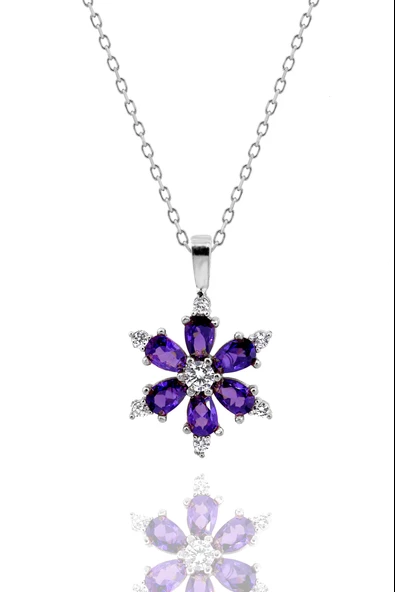 Kamelya Serisi Mor Ametist Taşlı Kar Tanesi Kolye 925 Ayar Gümüş Zincirli Kolye - Resim 2