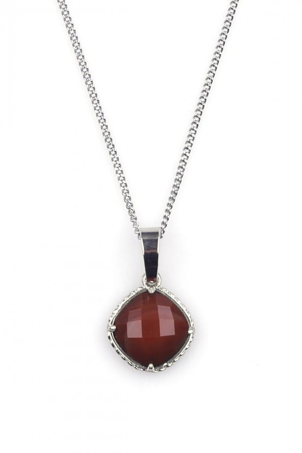 Kahverengi Akik Doğal Taş Gümüş Renkli Kolye ürün görseli